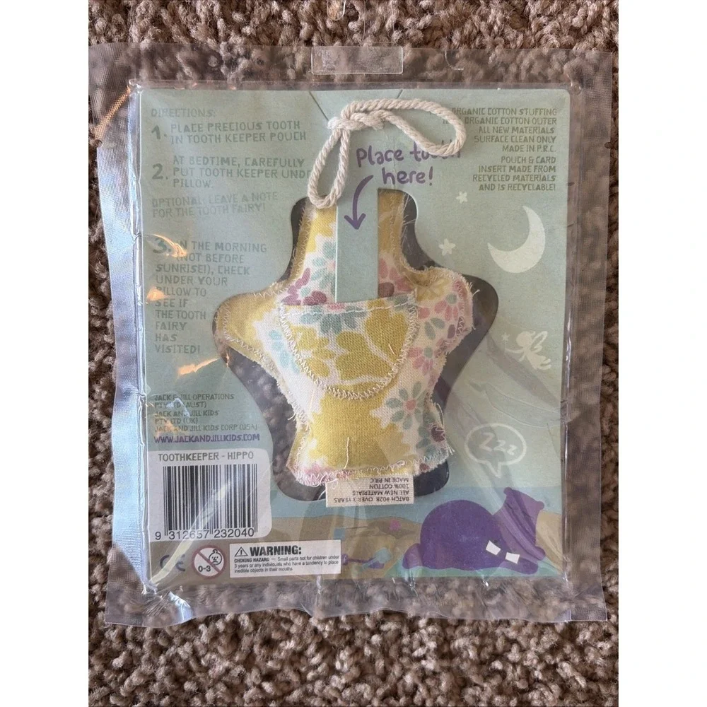 Jack n' Jill Tooth Keepers Organic Cotton Tooth Fairy Pillow Pouch HIPPO NEW NWT